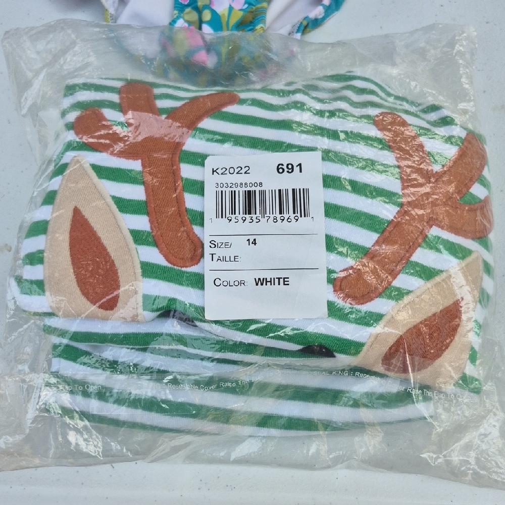 Place Green and White Striped Top Reindeer Christmas Pajamas